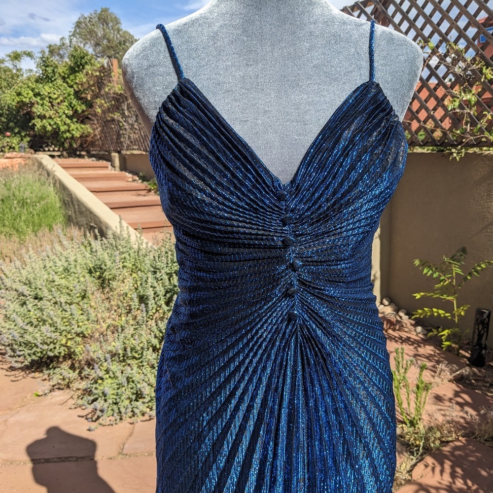 Vintage 80s Metallic Blue Pleated Disco Party Dress S/M Travilla-Style Accordion